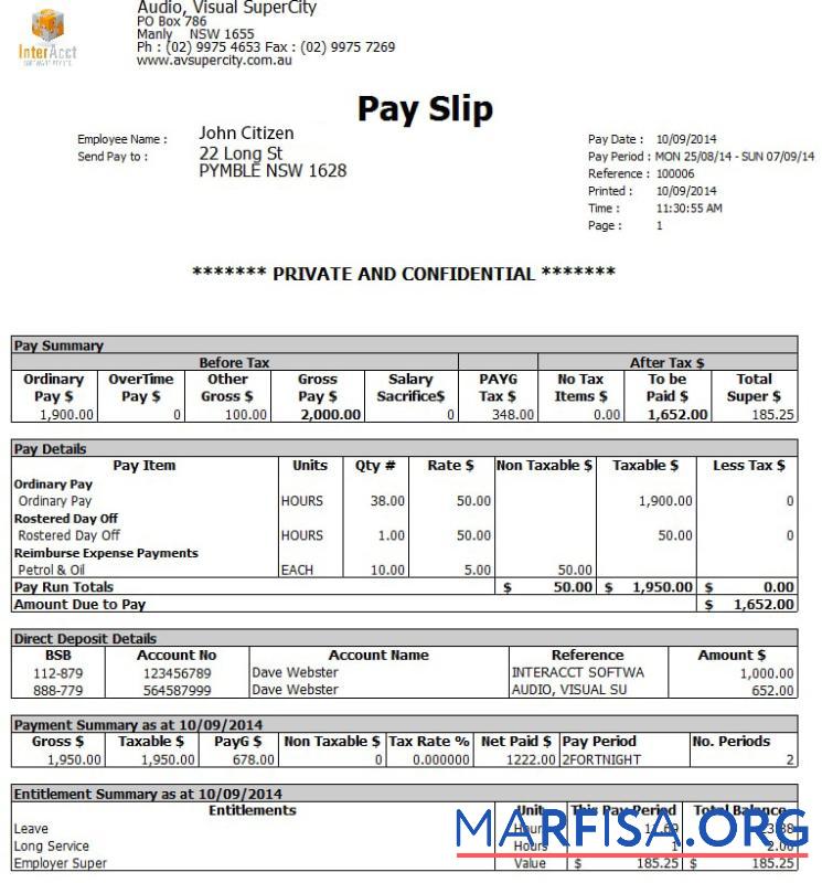 Printable Australia Audio Visual SuperCity payslip real example